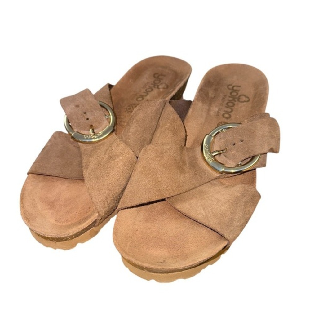 Yokono‎ Brown/Tan Suede Womens 6.5 Pre-Owned Cork Crossover Strap Buckle Sandals